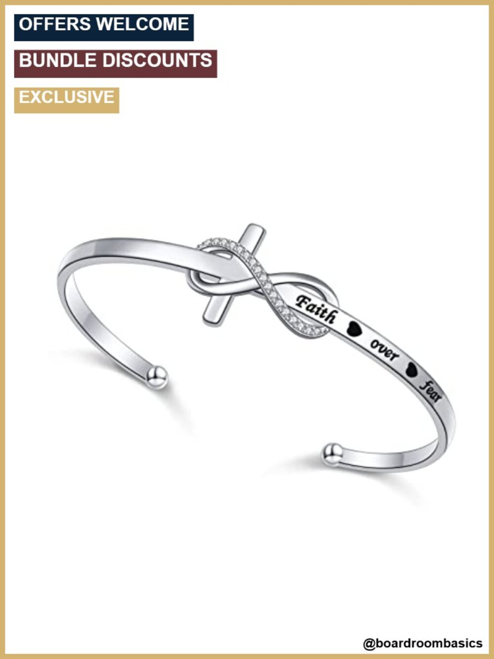 925 Sterling Silver Faith Over Fear Cross Cuff Bracelet Adjustable